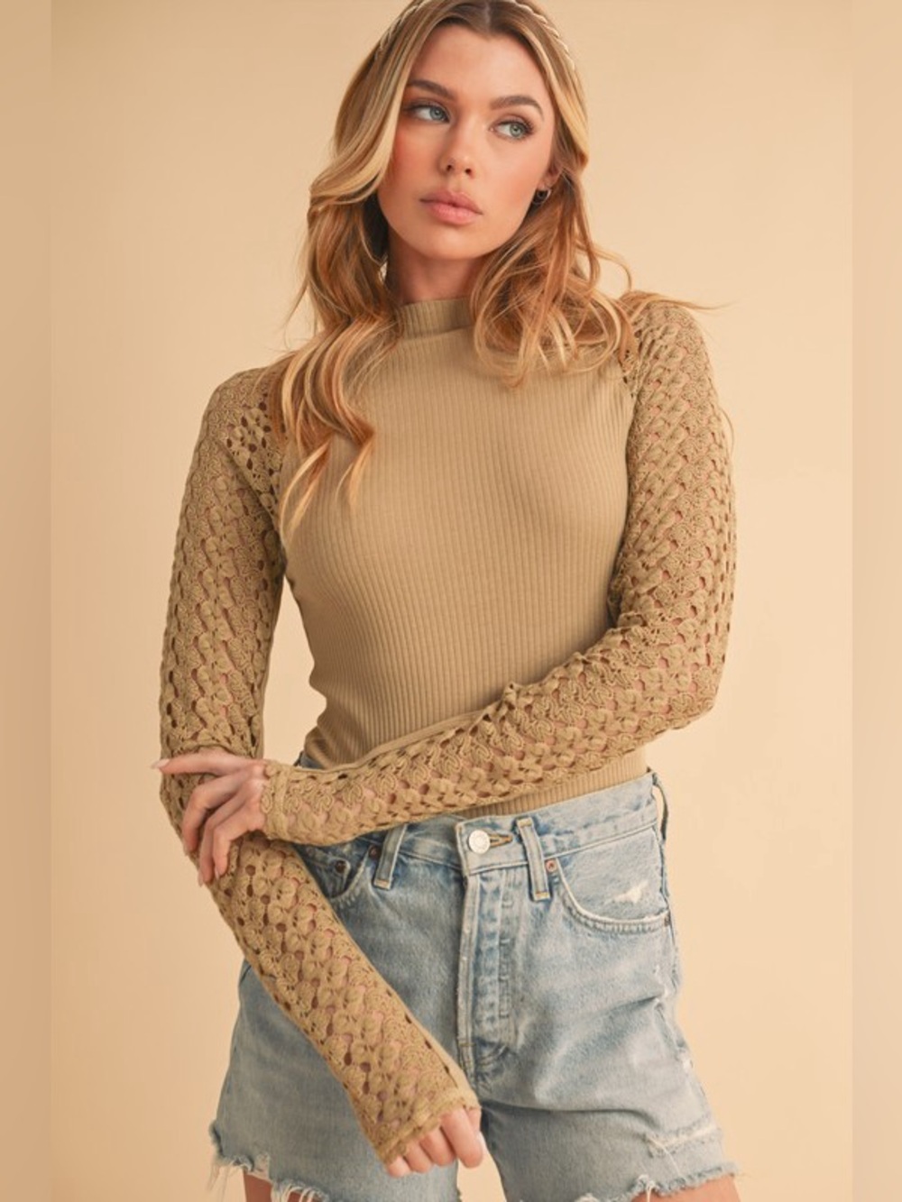 Aemi+Co Mock Neck Ribbed Knit Top with Crochet Sleeve